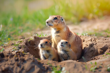Fototapeta premium Prairie dog family watching around their hole