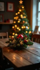 A wooden table is adorned with a festive Christmas centerpiece, wooden furniture, lights