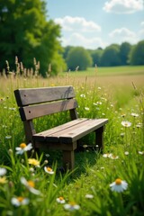 A wooden bench in the midst of wildflowers and tall grass, grass, daisies