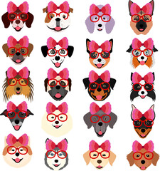 cute big dogs faces with ribbon&eyeglasses on their heads bundle