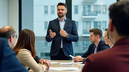 Leading the Team:  A confident businessman addresses a team of colleagues during a meeting, showcasing leadership, communication, and teamwork in a modern office setting.  