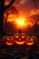 A trio of jack-o-lanterns against a fiery sunset, seasonal, orange, sunsets