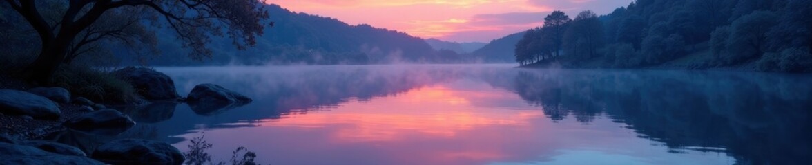 Fototapeta premium A tranquil pond reflects the hues of a soft aurora, reflective surface, soft glow, serene water