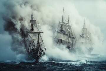 Obraz premium A group of tall ships sailing together in a calm body of water