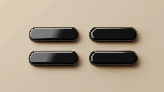 Black pin badge mockup top and bottom view. Blank glossy rectangle brooch tag with rounded corners for merch template. 3d realistic vector illustration of empty promotional and advertising souvenir.