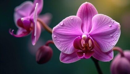 Naklejka premium A solitary orchid with water droplets on its petals, flowers, orchids, water droplets