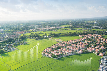 Land value in aerial view consist of landscape of green field or agriculture farm, house building, growth graph of rate market price for agent, realtor, investor to sale, buy, mortgage and investment.