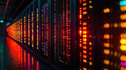 Illuminated server room, data center, technology infrastructure