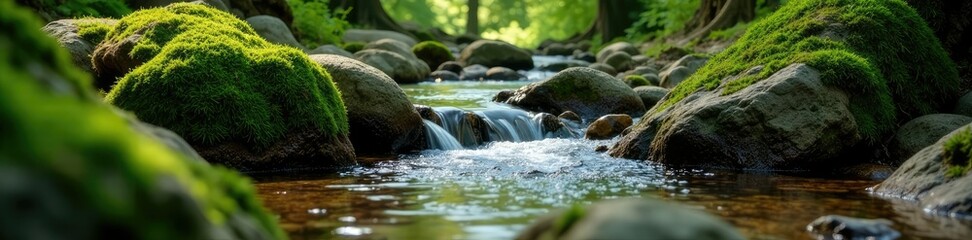 A small forest stream flowing over moss covered rocks, forest stream, rock, moss