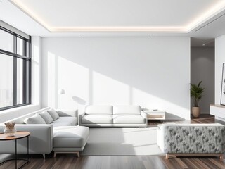 Modern white living room with minimalist design, white furniture, cozy white sofa, white walls, and large windows, modern, furniture, minimalist