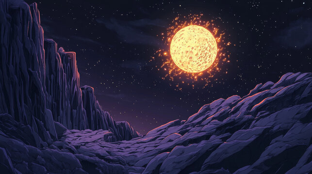 Alien planet futuristic landscape with exploding glowing moon or satellite above rock cliff in dark starry sky. Cartoon fantasy background, game scene with mountains surface, Vector illustration