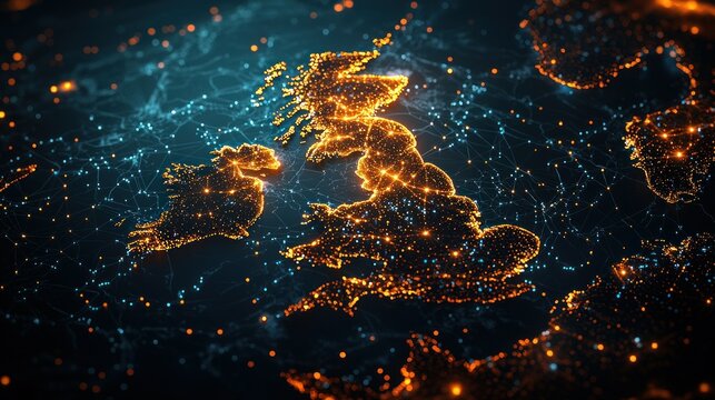 Illuminated UK map, network connections, global data flow, night lights, travel