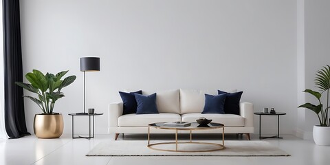 Modern interior design of apartment. Cozy living room with pillows and blankets on a sofa with white minimalist background