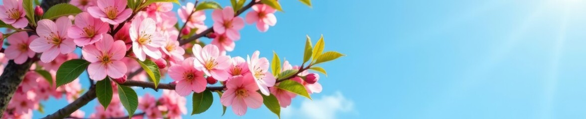 Fototapeta premium An apricot tree in full bloom with numerous pink blossoms and green leaves against a clear blue sky, nature, scenery, flowers