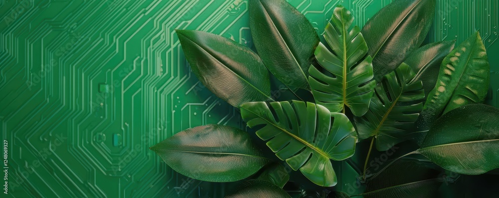 Poster green leaves on a circuit board background, symbolizing technology and nature integration.