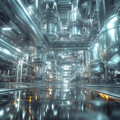 industrial setup feat numerous interconnected pipes and large storage tanks, in a sleek, metallic, and somewhat futuristic style. The predominant color scheme is silver and white, giving it a clean.
