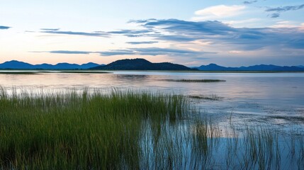 Fototapeta premium Serene Lake with Mountain Range