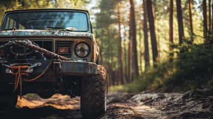Fototapeta premium Off-road car with a winch on the bumper. 
