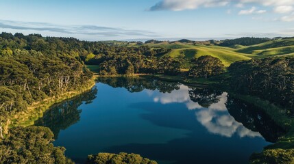 Fototapeta premium Serene Lake Reflections in a Green Valley
