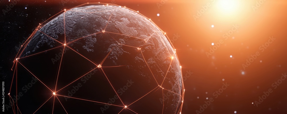 Poster a glowing globe connected by lines against a cosmic background.