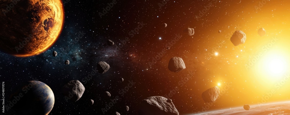 Poster cosmic scene featuring planets and asteroids illuminated by a bright sun in a starry sky.