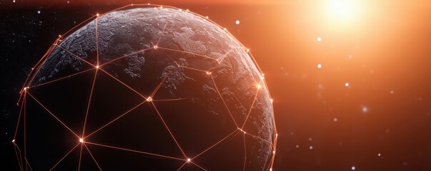 A glowing globe connected by lines against a cosmic background.