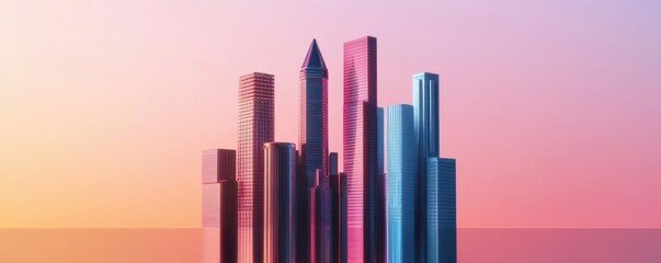Abstract skyline with colorful skyscrapers against a pastel gradient background.
