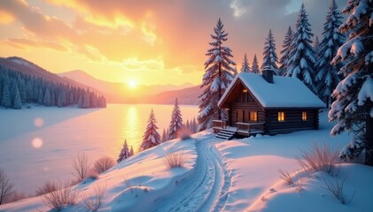 The morning sun casts a warm glow on a serene winter landscape with a cozy cabin and a frozen lake shimmering in the distance, cozy cabin, snowflakes falling