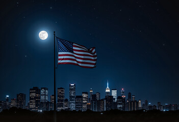 Patriotic American flag waving under the moonlight, cinematic skyline