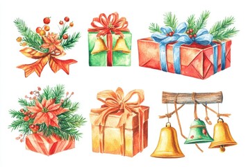 Watercolor illustration of Christmas presents with festive bows and jingling bells