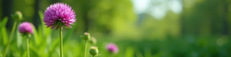 Obraz premium Tall, green stem with a few large, globe-shaped flowers in the background, giant allium, foliage