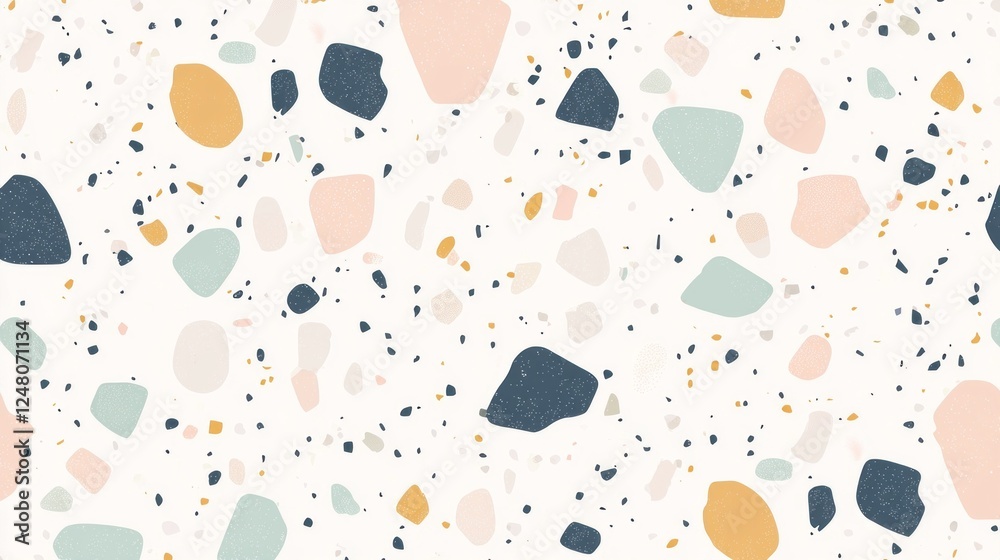Poster this artwork features a terrazzo pattern with neutral tones and soft pastels on a white background, 