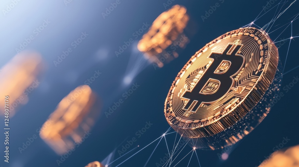 Poster Digital representation of Bitcoin coins floating in a networked space.