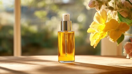 Glass bottle of  essential oil on a wooden table