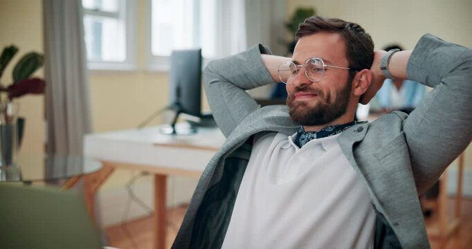 Relax, stretching and man in office, finished and accountant with laptop for project and achievement. Success, resting and employee with complete assignment, productivity and person done with work