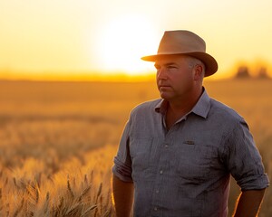 Farmer standing in a wheat field during a golden sunset