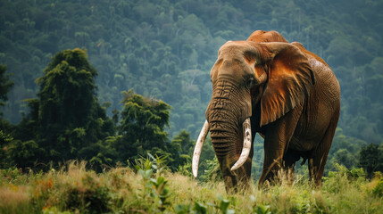 Majestic Thai elephant standing in lush green landscape, showcasing strength and beauty