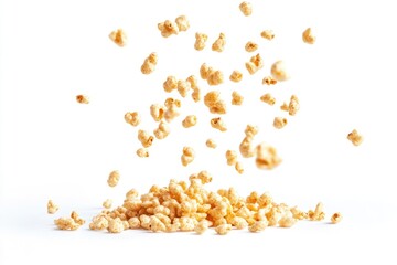 A pile of freshly popped popcorn sits on a clean white surface, ready for snacking