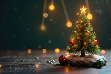 Small shiny metal or plastic sphere surrounds a perfectly placed small Christmas tree with sparkling decorations, spherical, sparkly, festive decor