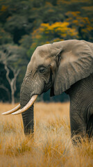 majestic elephant stands gracefully in golden grassland, showcasing its strength and beauty