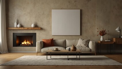  Artistic living room setup with an empty canvas for mockups on a beige wall