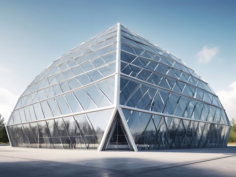 Glass and steel building with triangle pattern structure. Futuristic architecture. Neo-futurism architectural style. White triangle geometric dome texture. Creative art design of modern building