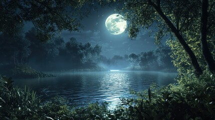 Naklejka premium Moonlit Lake in a Forest