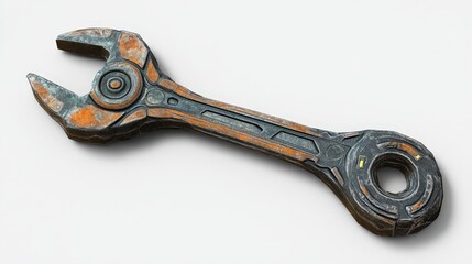 Obraz premium Rusty Wrench: A weathered wrench, its metal surface bearing the marks of countless repairs and the patina of time, rests against a simple backdrop.