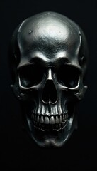 Skull made of darkened black metal with a hint of silver, morbid, black, metal