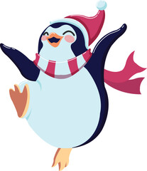 Happy Penguin with Scarf and Christmas Hat