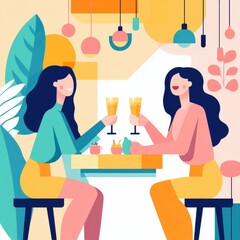 Two Women Enjoying Refreshing Drinks in a Modern Cafe Setting with Colorful Decor and Lush Greenery