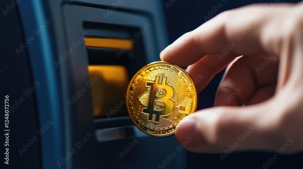 Poster hand holding a bitcoin at a cryptocurrency atm machine interface.