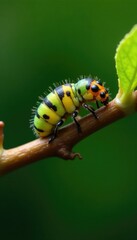 Single May beetle larva on a twig with leaves, arthropod, insect life cycle, nature