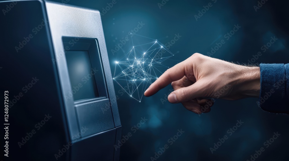 Poster a hand interacts with a futuristic touchscreen interface, emitting a spark of digital energy.